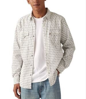 NWT Levi's Classic Fit Western Shirt Pearl Snap Cream Blue Paisley Size: Medium